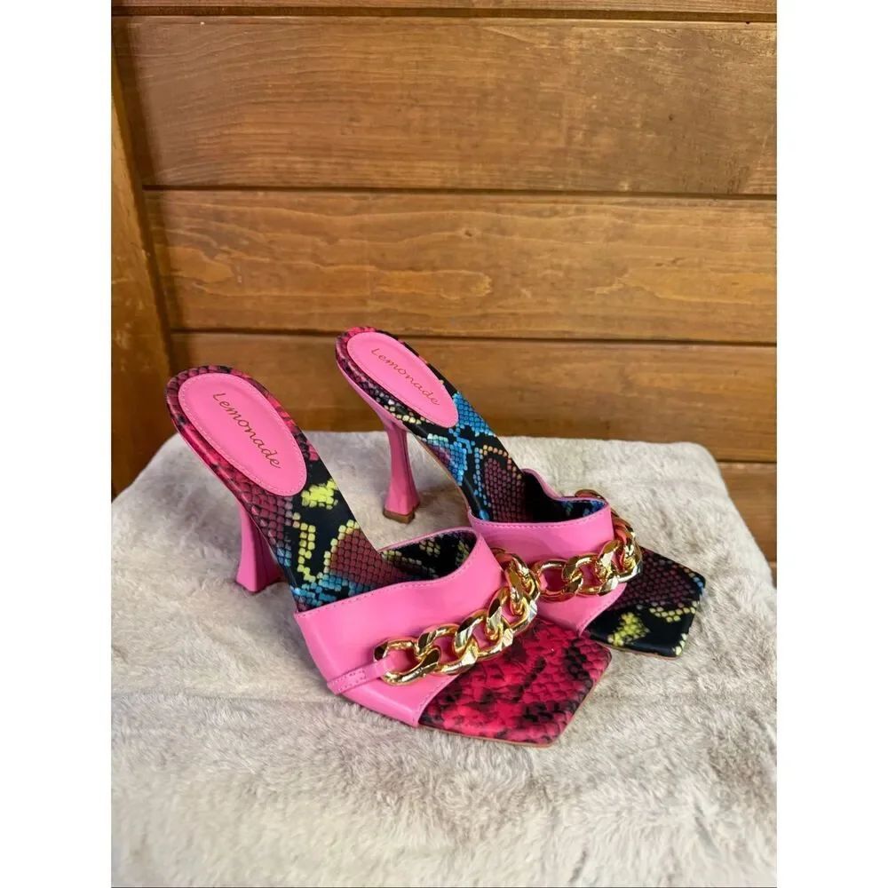 Lemonade Meow Heeled Sandals gold chain accent vibrant multicolored snakeskin pa
